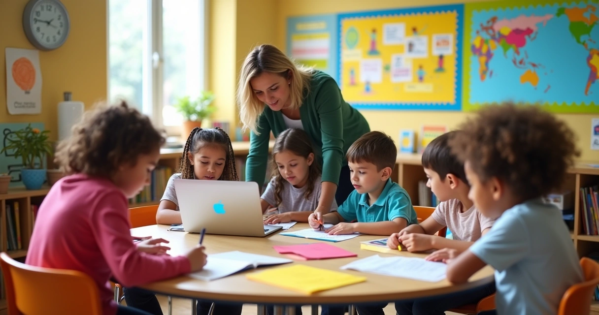 A colorful, inclusive classroom with diverse students collaborating around a table, engaged in learning activities.
