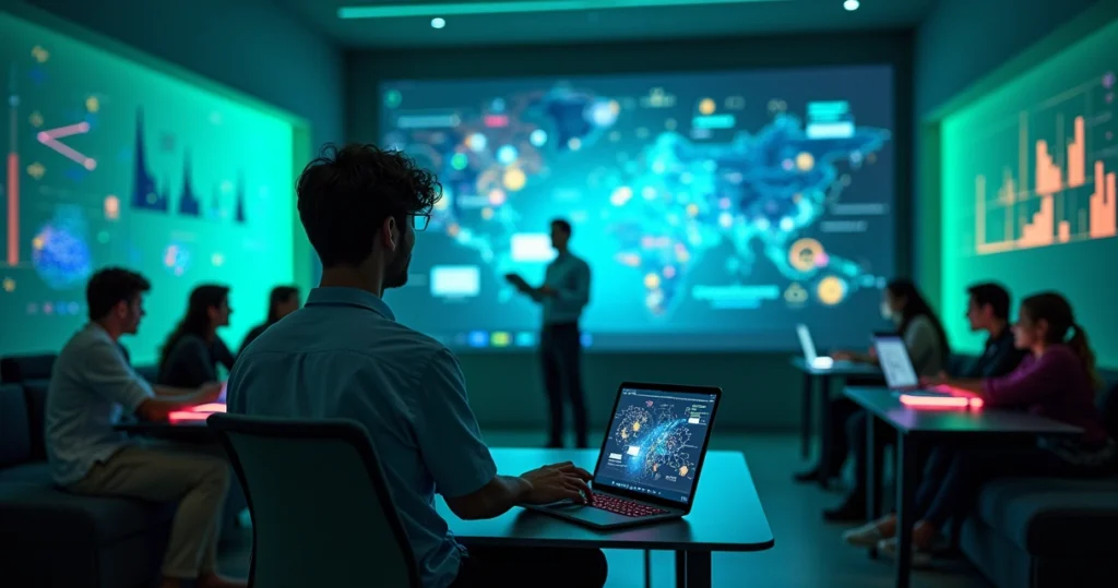 Professor holográfico ensina alunos em dispositivos em uma sala de aula virtual moderna e interativa.